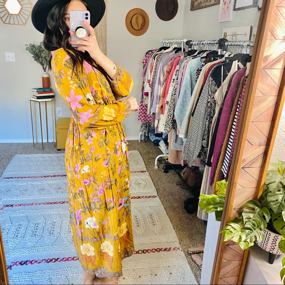 Mustard Yellow Floral Boho Peasant Midi Dress - Picture 5 of 8